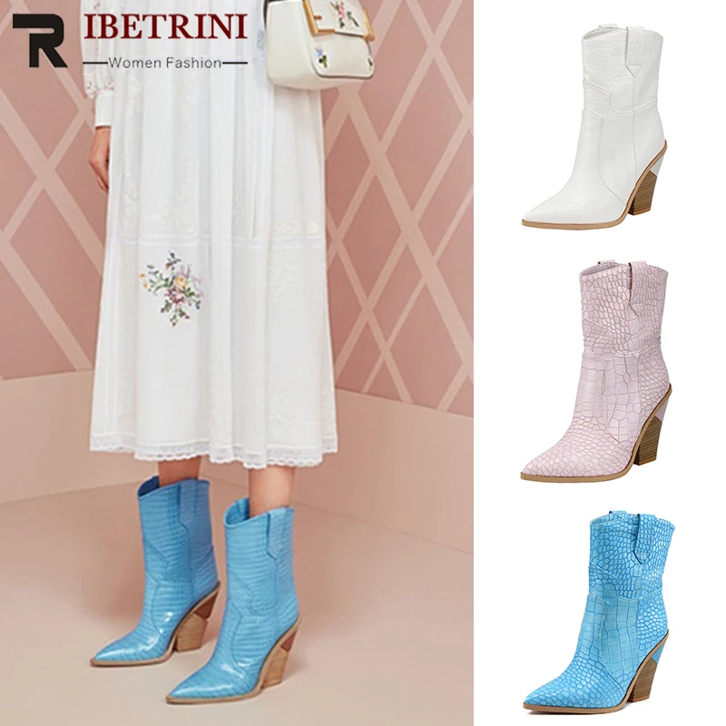 

RIBETRINI 2019 Spring Autumn Brand Designer Women Western Boots Plus Size 33-46 High Heels Ladies Runway Women Shoes Woman