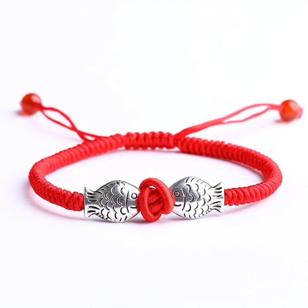 

Tibetan silver fish lucky Red rope bracelet handmade Knots adjustable bangle Amulet Jewelry lover gifts for women bijoux