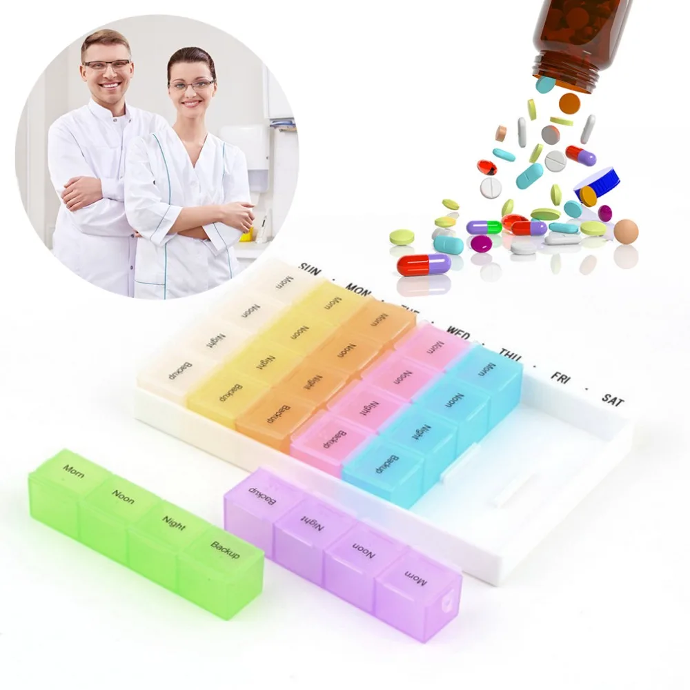 Новинка 7 дней таблетки Pillbox диспенсер Органайзер чехол с 28 отделениями таблетки коробка многоцветный контейнер для медикаментов