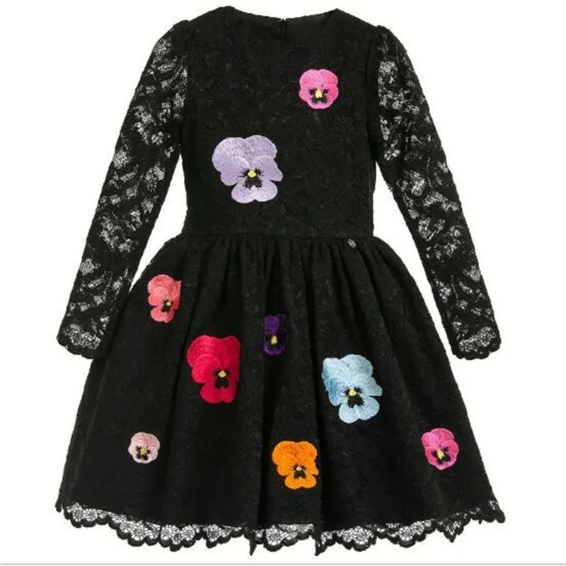 

2017 New Children Girl Long Sleeve Dress Lace Flower Embroidered Princess Dress Autumn Festival Holiday Party Birthday Clothes