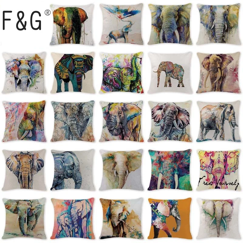 

Relax Cushion Cover Oil Printed Elephant Cojines Garden 40*40Cm Cotton Linen Replacement Animal Throw Lumbar Pillow Covers