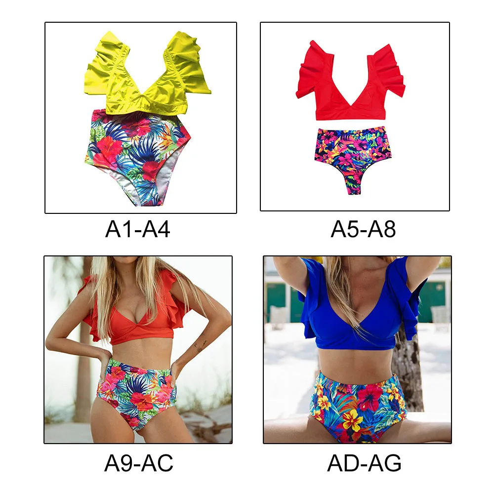 

Floral Ruffled Hem Bikini Set Women Floral V-neck High-waisted Two Piece Swimsuit Girl Beach Bathing Suit Swimwear S/M/L/XL