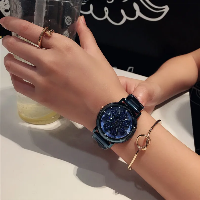 2019 популярные вращающийся циркон цветок часы Мода Нежный золото Сталь ремешок Wirst кварцевые часы для женщин подарок