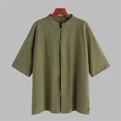 2019 Для мужчин рубашки Тан костюм винтажный воротник-стойка рукав три четверти с пуговицами Топы свободные 100% хлопок сплошной китайская