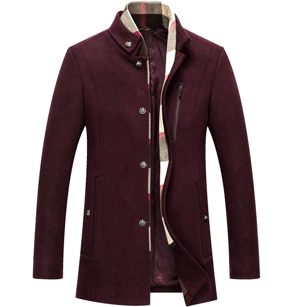 Mens Winter Wool Jacket Scarf Business Mid-long Jacket
