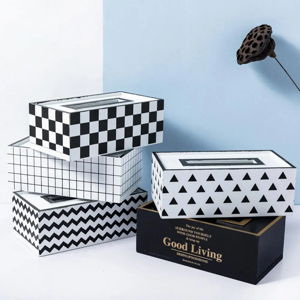 

HobbyLane European Style Wooden Tissue Box Home Kitchen Square Geometric Stripe Napkin Holder Storage Casetorage