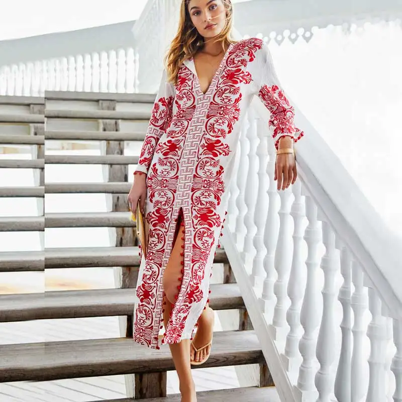 

BOHO INSPIRED Women's Red Caftan summer dresses embroidery and pom pom trim bohemian beach dress slid women vestidos chic 2019