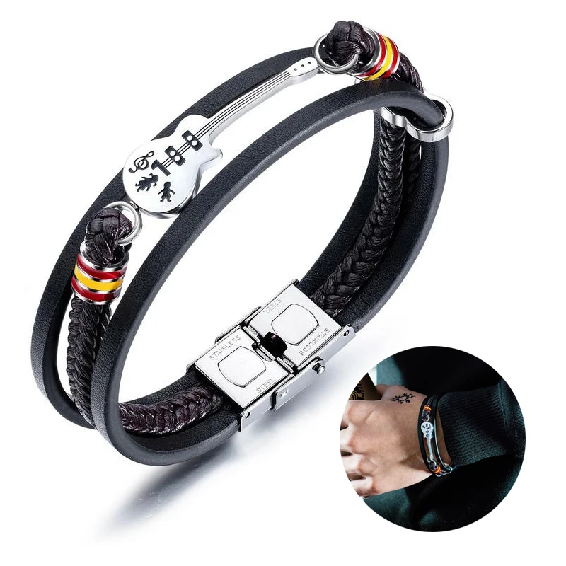 

Vintage Men Bracelet PU Leather Punk Guitar Multi Layer Woven Rope Bracelet Stainless Steel Bangle Gift Mens Jewelry Accessories