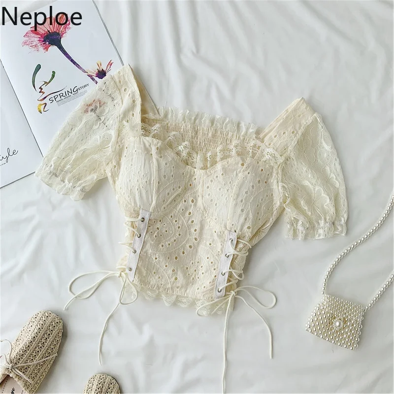 Neploe корейский сексуальный бандажный укороченный топ женские рубашки кружевная