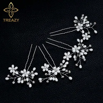 

TREAZY 4Pcs Women Simulated Pearl Crystal Flower Hairpins For Wedding Charm Floral Hair Pins Bridal Hair Jewelry Accessories