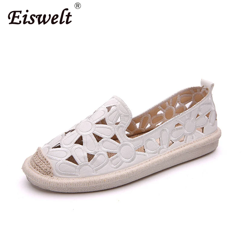 

EISWELT 2018 New Women Flats Embroidery Straw Fisherman Shoes Cut Out Hollow Out Casual Shoes Spring Summer Green White Beige