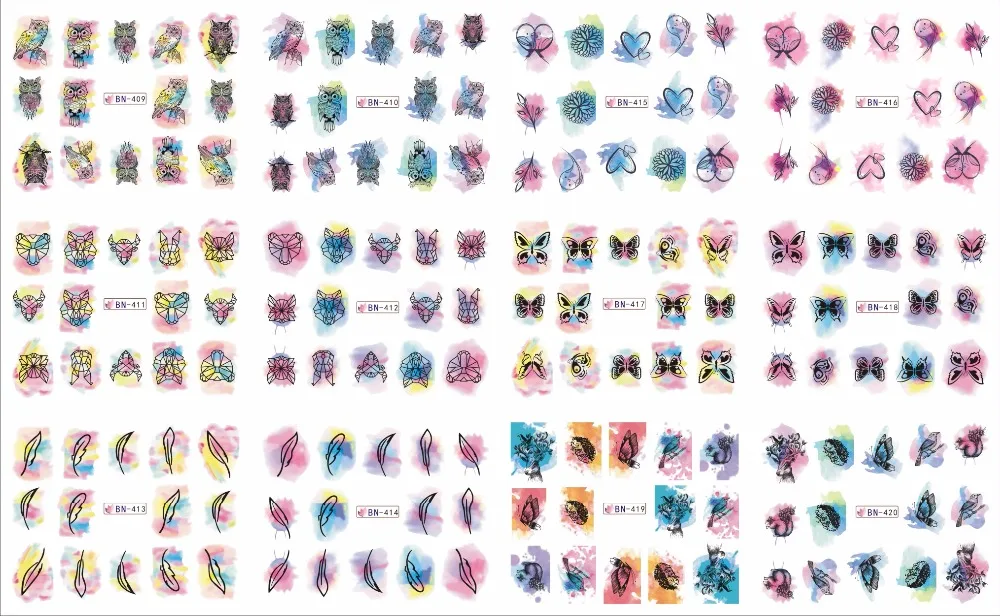 

12 PACK/ LOT WATER DECAL NAIL ART NAIL STICKER FULL COVER OWL BIRD SWEET HEART FEATHER RABBIT TIGER BUTTERFLY BN409-420