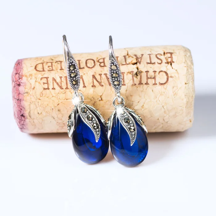 

Vintage 925 Sterling silver high quality women jewelry Natural semi-precious stones earrings new Blue corundum Garnet Earrings