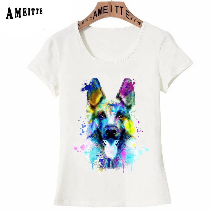 

German Shepherd Watercolor Art Brilliant color T Shirt Summer Cute Women T Shirt Cool Dog Design Girl Tops White Casual Tees
