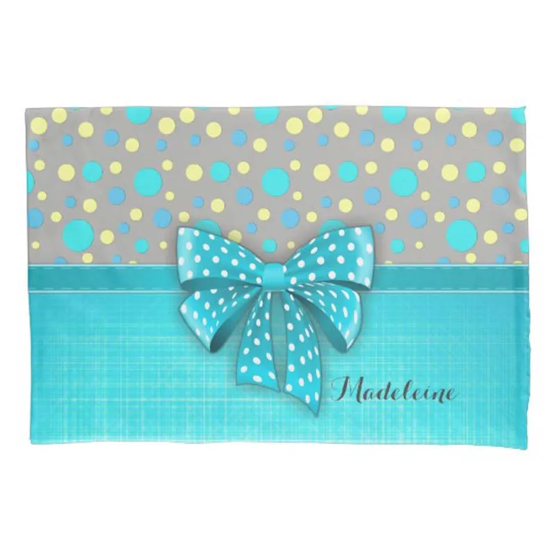 

Customized Name Blue and Yellow Polka Dots, Turquoise Blue Ribbon Pillow Case Throw Pillow Cushion Cover Sofa Home Decorative