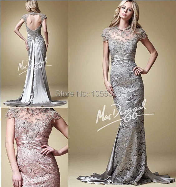 2015 Fashion Elegant Silver/platinum Evening Dresses Lace + Beading High Neck Formal Mother of