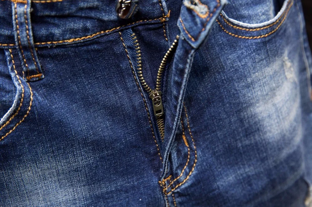 Новые мужские Джинсовые брюки хлопок, вышивка рваные синий обтягивающие мужские джинсы в Корейском стиле высокого качества для отдыха