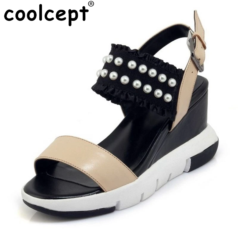 

AicciAizzi Sexy Women Real Genuine Leather High Wedges Sandals Beading Ankle Strap Wedges Sandal Summer Wmoen Shoes Size 34-39