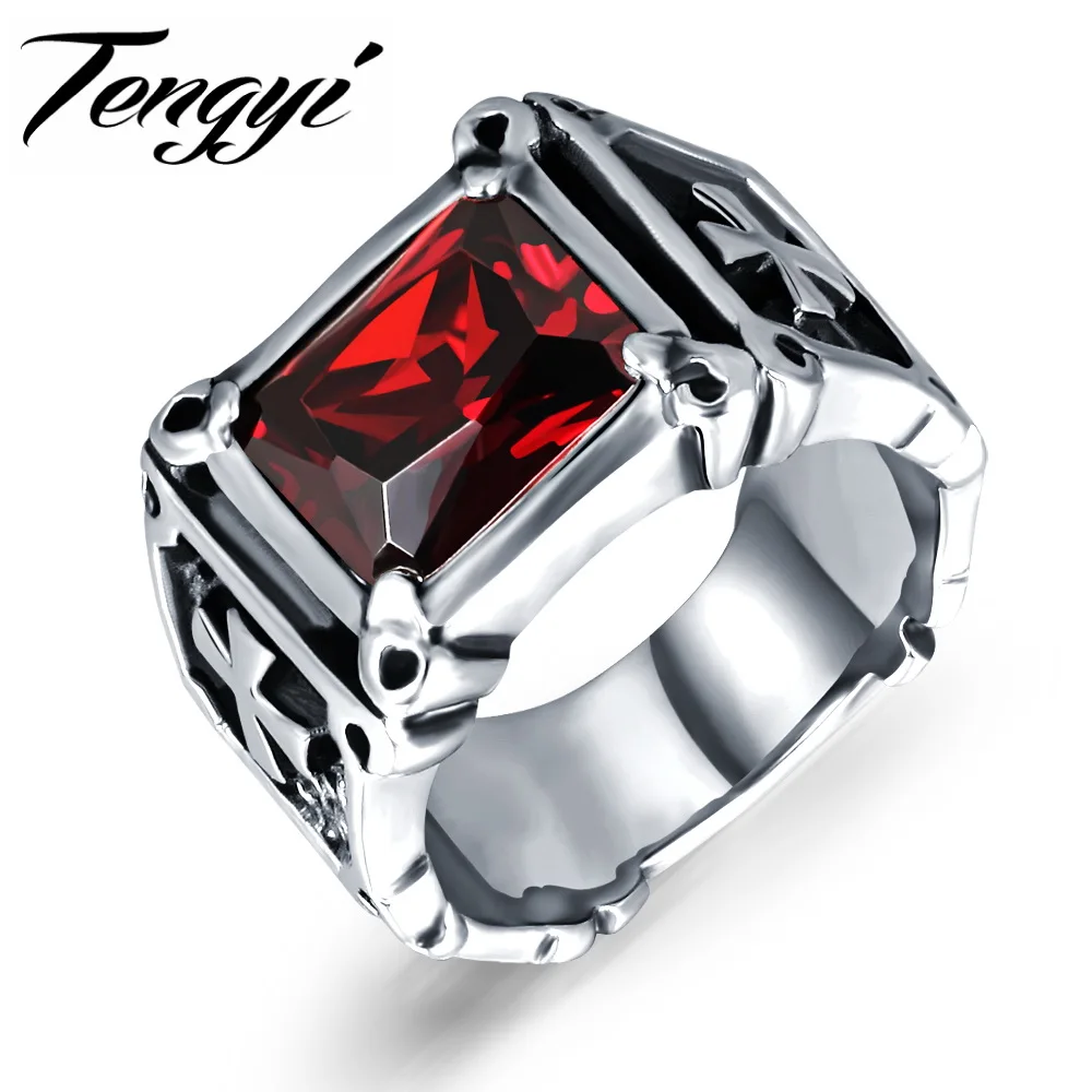 Men Rings Big Black/Red Precious Stones Ring Stainless Steel Man's Classic Cross Punk Jewelry TY470 | Украшения и аксессуары