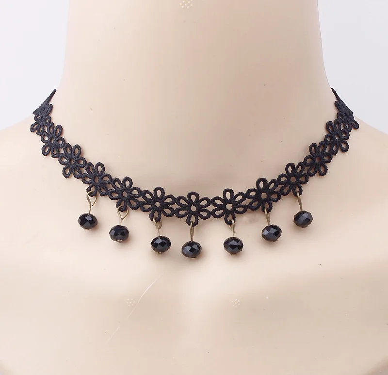 

Fashion Chokers Black Lace Velvet Chokers Necklace For Women Harajuku Ribbons Hanging Beads Pendants Necklaces Charms Jewelry