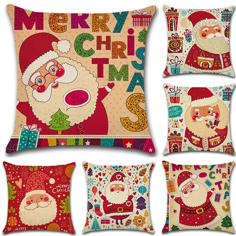 

Cute Santa Claus Pillow Cover Merry Christmas Home Bedroom Office Seat Pillowcase Cartoon Linen Pillow Case 45x45cm