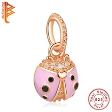 925 пробы серебряные бусины-шармы Розовая эмаль розовое золото Божья коровка пижамы браслеты с подвесками, подходят к оригинальному браслету, DIY бусины «божья коровка» для изготовления ювелирных изделий
