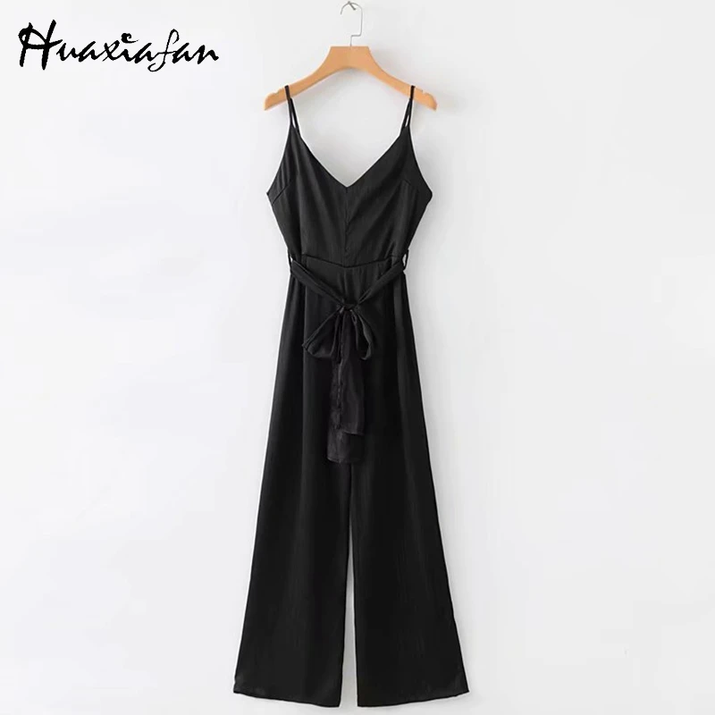 Huaxiafan Strap Jumpsuits For Women Sashes Solid Red Black Pants Sexy Backless Long Rompers Womens Straight Overalls Female