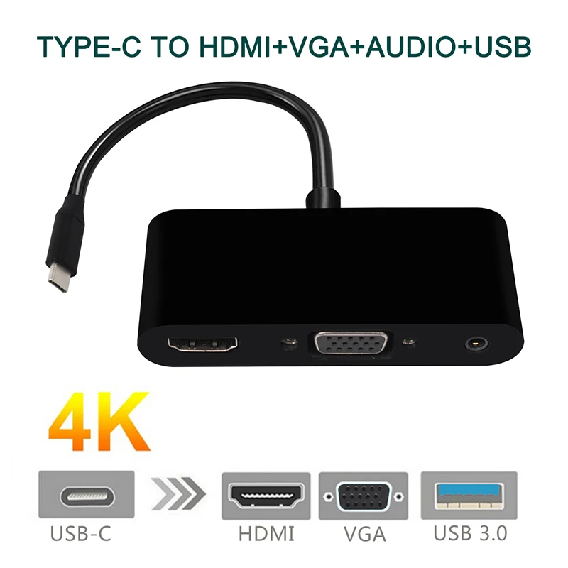 Type C to HDMI VGA Adapter Converter USB C 3.1 to HDMI+VGA+Audio Converter 3 in 1 USBC Hub Use for Mobile Phones and PC/Macbooks