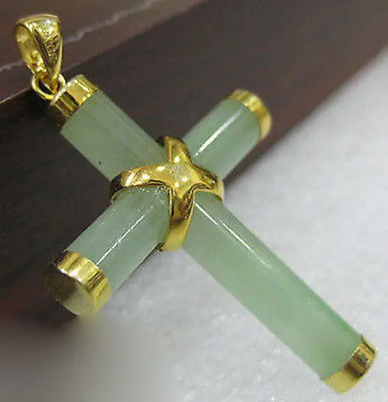 

Natural Light Green Jade Yellow Gold Plated Cross Pendant with Necklace 35%