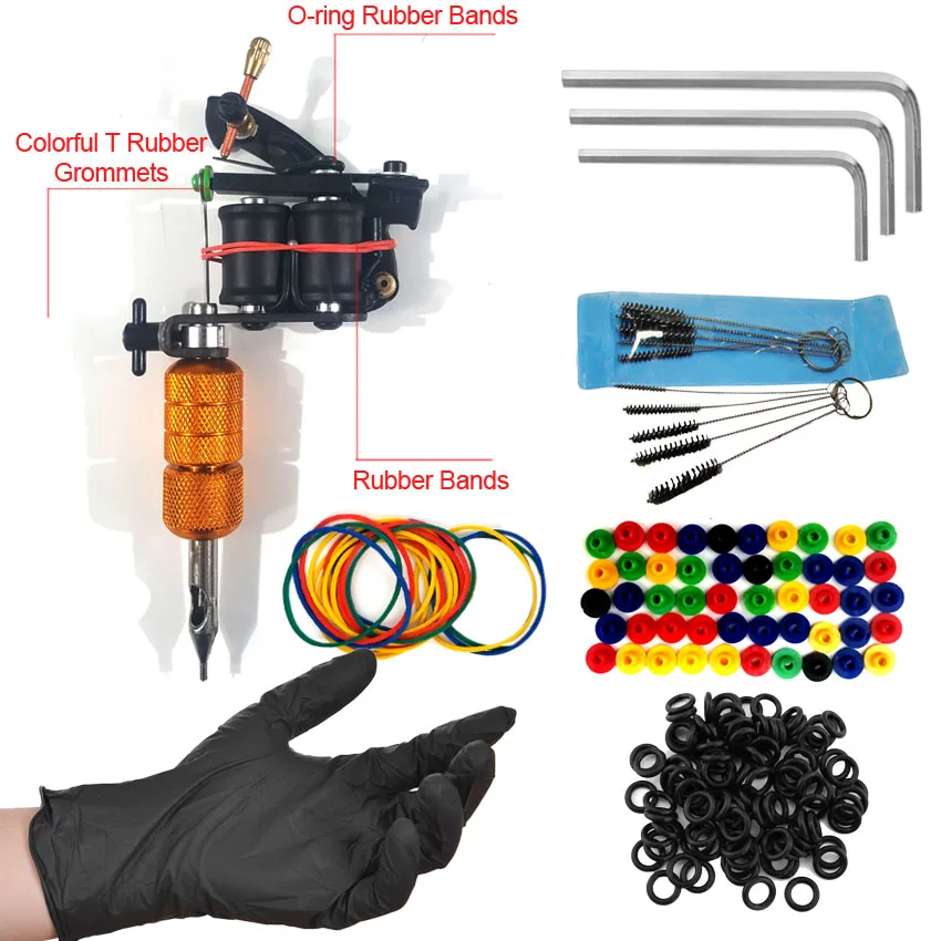 Резинки для татуажа уплотнительные кольца втулки булавки Подушка щетка для чистки перчатки гаечный ключ для тату машины принадлежности аксессуары набор инструментов