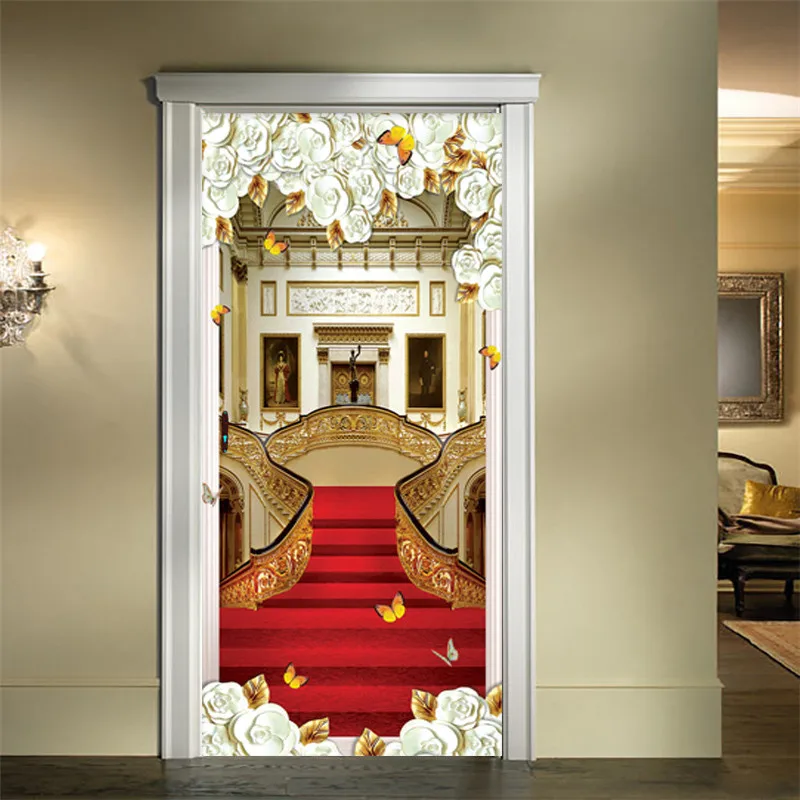European Style Door Sticker 3D Stairs Red Carpet Wallpaper Living Room Hotel Home Decor Luxury Design Door Decals Wall Stickers European Style Door Sticker 3D Stairs Red Carpet Wallpaper Living Room Hotel Home Decor Luxury Design Door Decals Wall Stickers