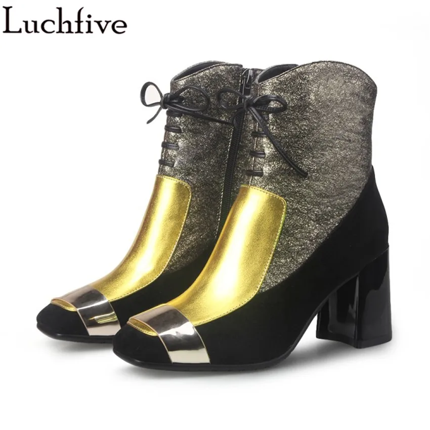

luchfive Luxury Gold Bling 2018 Newest Winter Warm Ankle Boot Gold Buckle Mixed Color Real Leather Women Boots Plush Shoes