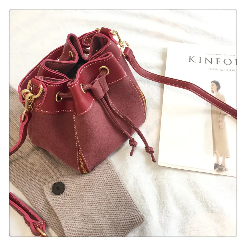 MJ Women Leather Handbags Vintage Suede PU Leather Crossbody Bag Drawstring Bucket Bag Female Small Messenger Bags Korean Style (10)