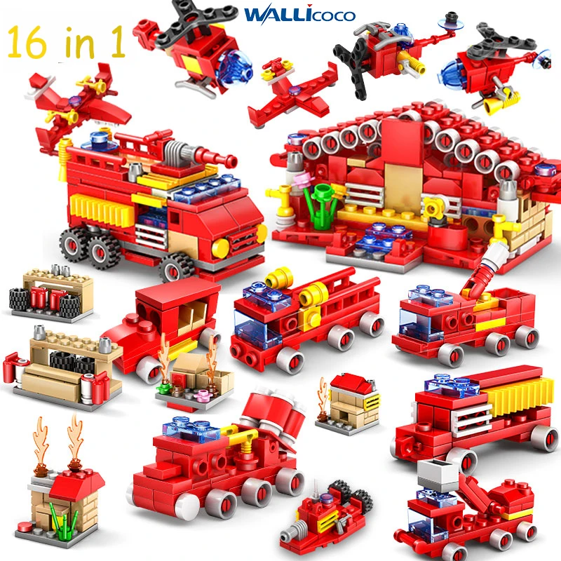 

Fire Fighting Car Helicopter Boat Building Blocks ALL in One DIY Fire Station Bricks Educational Toys for Children