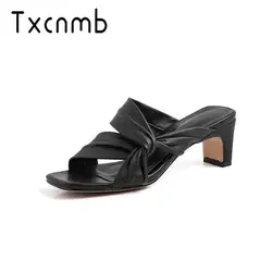 TXCNMB/Женская обувь, коллекция 2019 года, модные свадебные сандалии, женская летняя кожаная обувь с открытым носком на толстом каблуке, мягкая