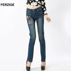 FERZIGE джинсы Для женщин вышивка стрейч Винтаж дизайн одежды карандаши Slim Fit Тощий ретро джинсовые брюки женские брюки большого размера