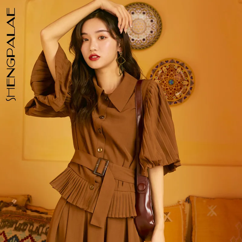 

SHENGPALAE 2019 Turn-down Collar Half Sleeve With Belt Fold Blouse + Skirt New Summer Spring Korean Fashion Loose Set FN634