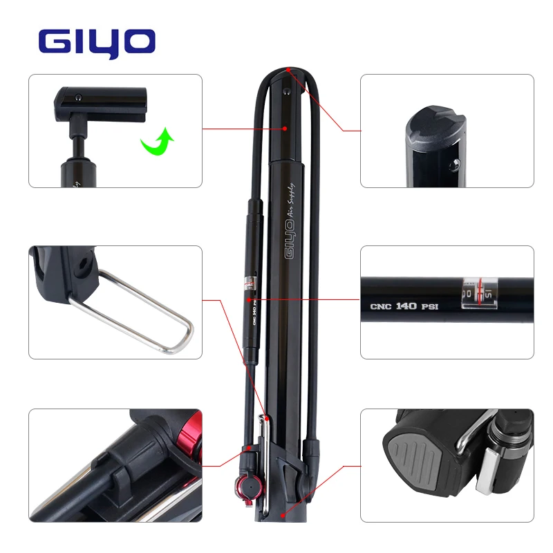 Giyo GM-631 велосипедный насос 140PSI сплав инфлятора W/Калибр 600 мм шланг складная ручка и педаль подходит для Schrader Presta