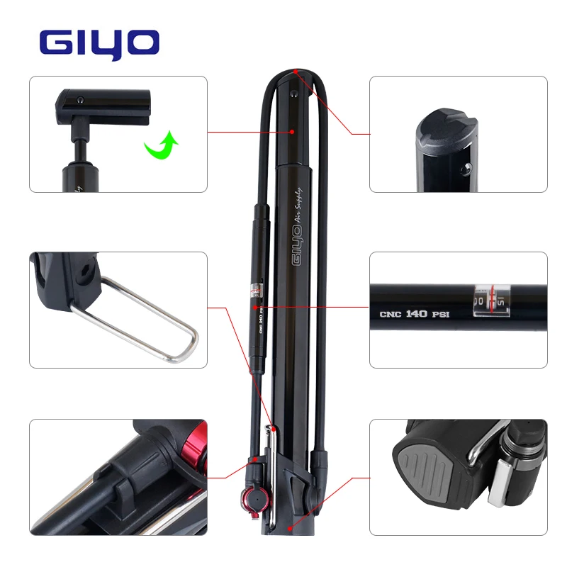 Giyo GM 631 насос для велосипеда 140PSI сплав инфлятора W/ Gauge 600 мм шланг складная ручка и
