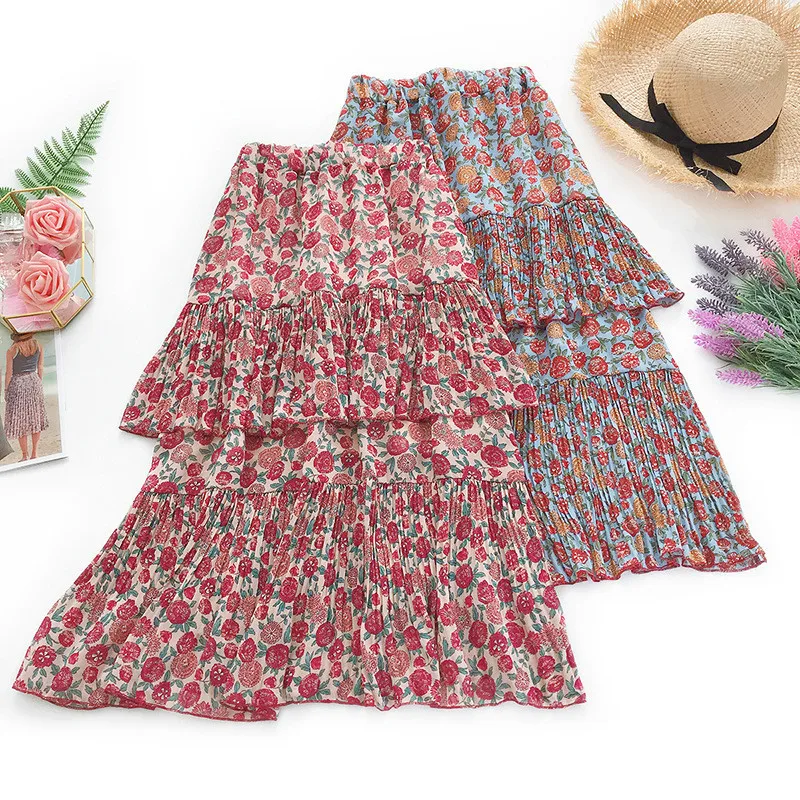 

AcFirst Spring Red Blue Women Skirt Casual High Waist A-Line Mid-Calf Long Skirt Chiffon Floral Clothing Ruffles Skirts