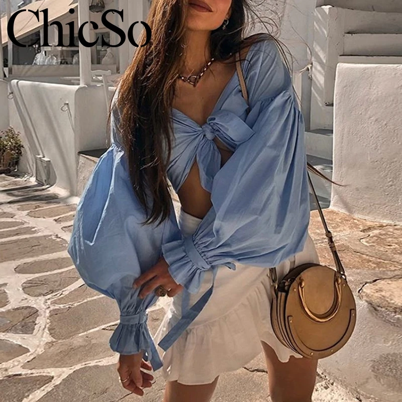 

MissyChilli Off shoulder long ruffle sleeve crop top Women blue elegant bandage tank top Summer autumn sexy streetwear camis
