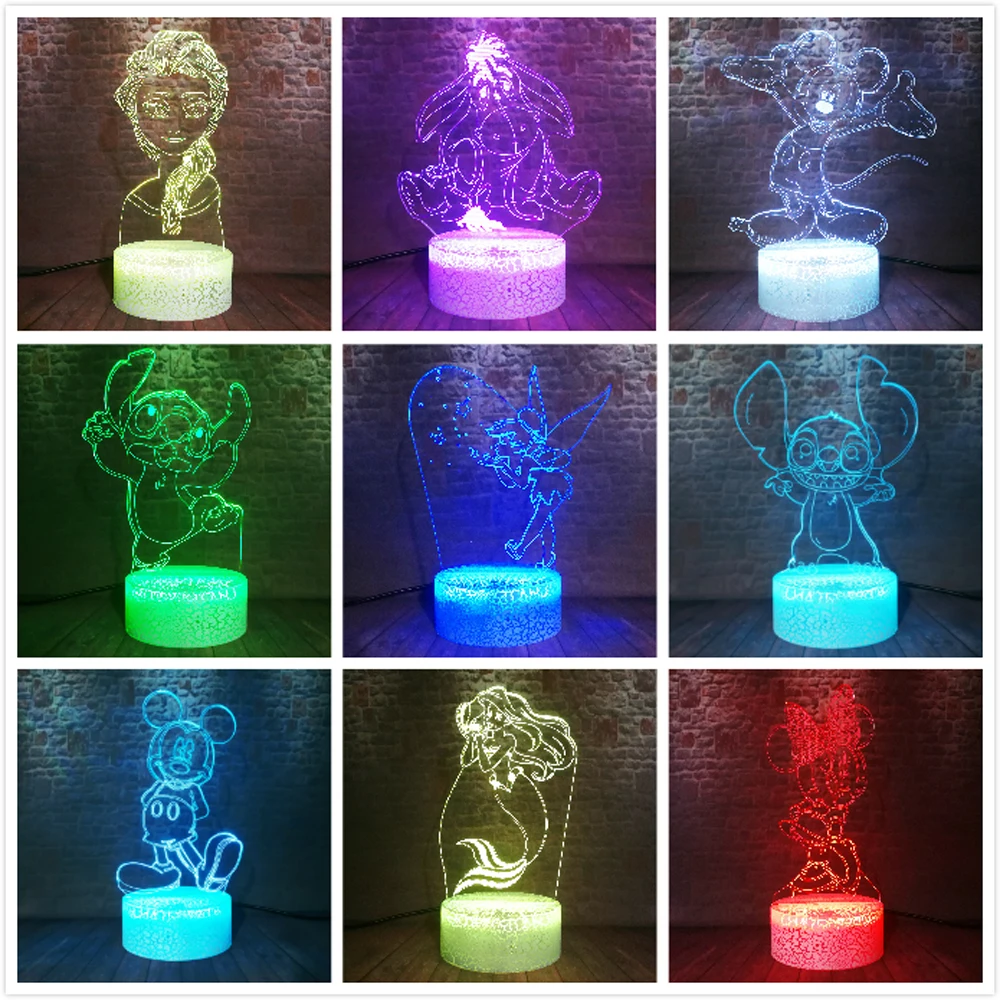 

Novelty Cute Mickey Minnie Stitch Tinker Bell Eeyore 3D LED Touch Lamp 7 Color Crack Change Night Light Decor Kid Xmas Gifts Toy