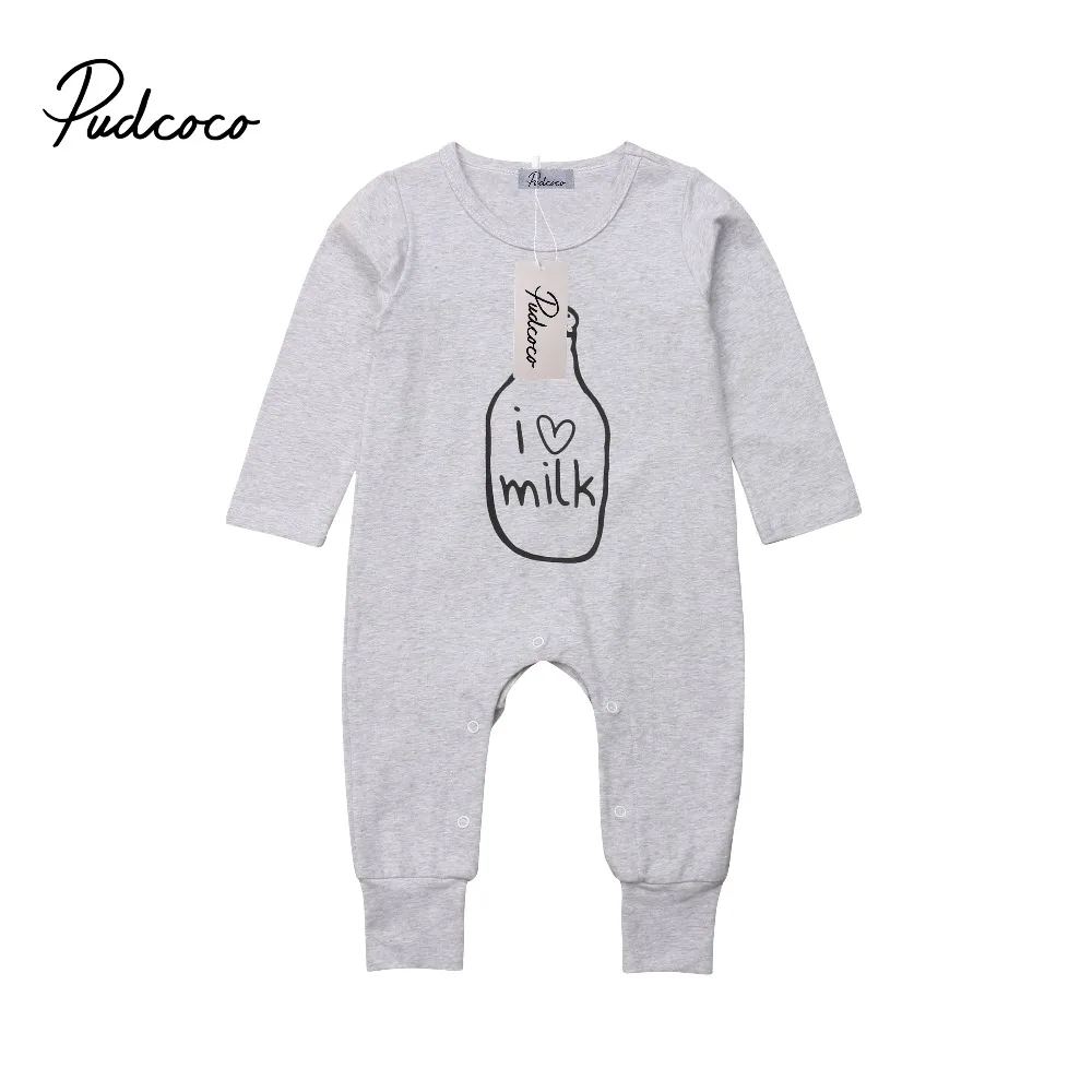 

Pudcoco Cute Newborn Baby Boy Girl I Love Milk Romper Letter Long Sleeve Jumpsuit Outfits Clothes