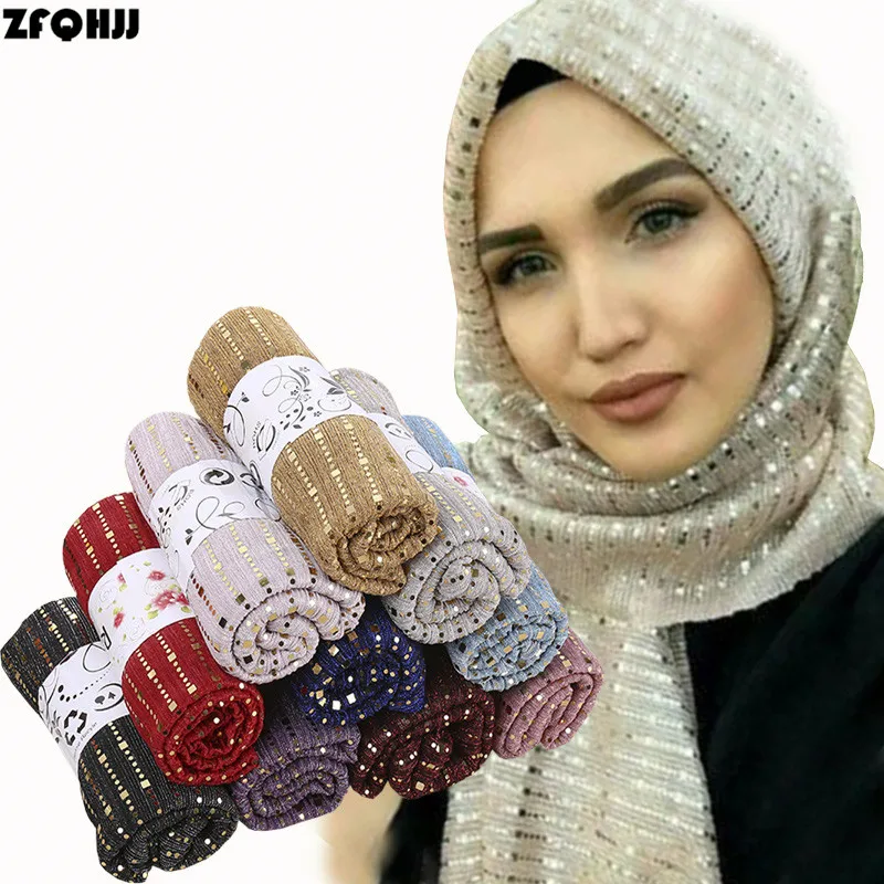 ZFQHJJ 10pcs/lot Women Sparking Shiny Sequin Gold Silk Yarn Muslim Hijab Scarf Shawls Head Scarfs Wraps Party Wedding Hijabs