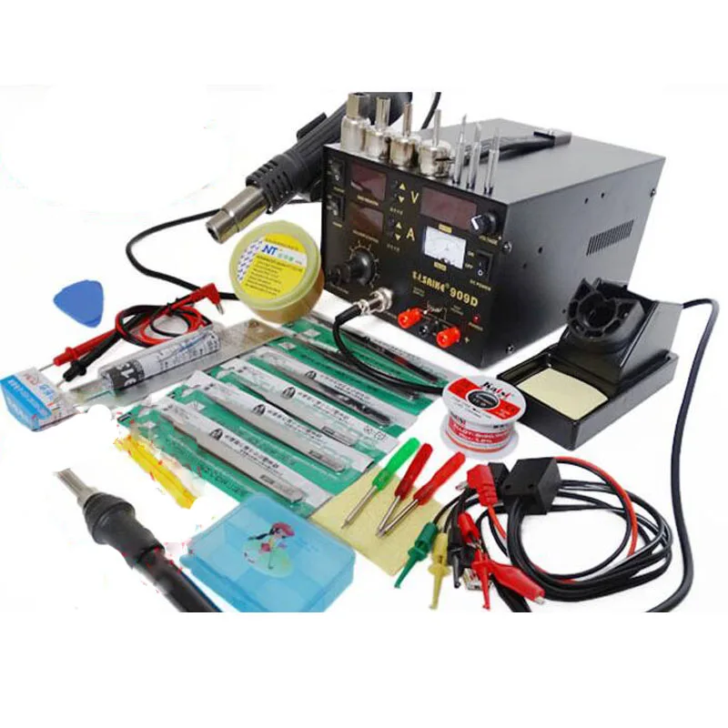 

110V or 220V Saike 909D 3 in 1 Heat Air Gun Solder Iron Soldering Station+Power Supply 6pcs