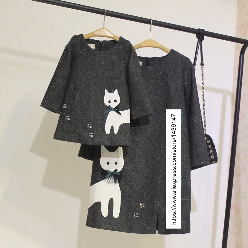 

Autumn Winter Kids clothing Family Paternity dress mom baby girl clothes Lady Mother women Cute kitty cat prints woolen skirts