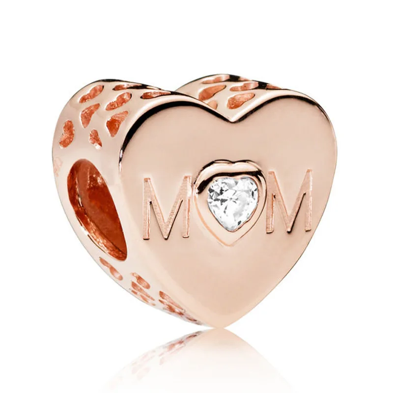 

New 925 Sterling Silver Bead Charm Rose Gold Openwork Mother Heart With Crystal Beads Fit Pandora Bracelet Bangle DIY Jewelry