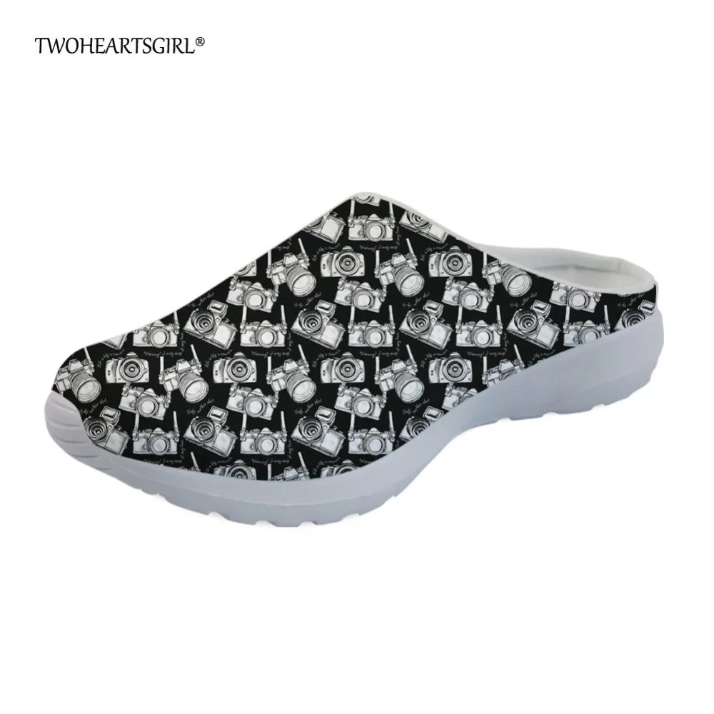 

Twoheartsgirl Black Camera Pattern Mesh Shoes Flats Women Home Slippers Novelty Women Summer Sandals Brand Water Shoes Plus