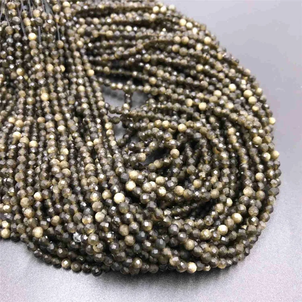 

2 mm 3 mm Natural Gold Obsidian Cut Faceted Round Beads Shiny Golden Meteorite Micro-Faceted Tiny Beads For DIY Making Jewelry