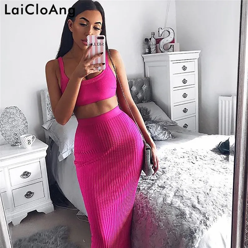 

LaiCloAng Autumn Ribbed Casual Cotton Dresses Women Sleeveless O-Neck Sexy Two Piece Set Dress Backless Autumn Dress 2018